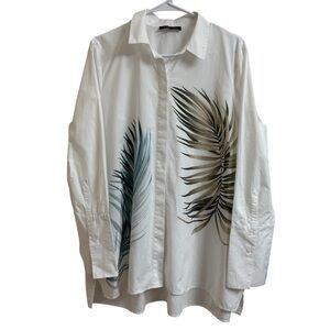 Lafayette 148 New York Women Sz L White Porto Print Long Sleeve Button Up Blouse